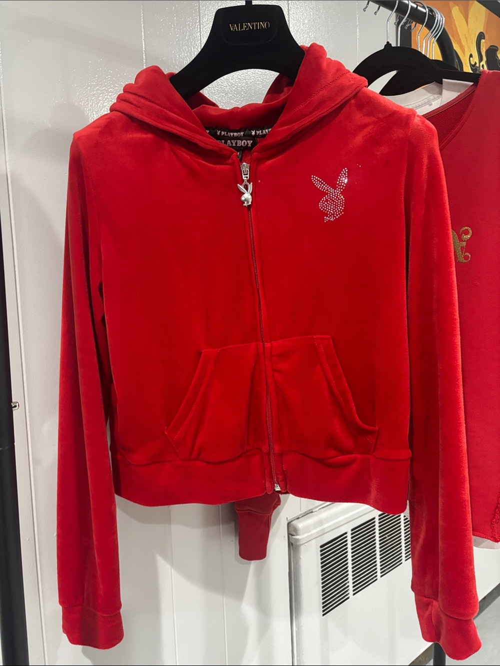 PLAYBOY Women’s Red Velour Bunny Crystal Zip Hoodie Medium with Rginestones